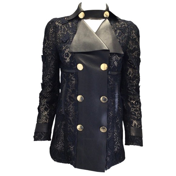 Valentino Jackets & Blazers - VALENTINO NAVY BLUE DOUBLE BREASTED LACE AND LEATHER JACKET